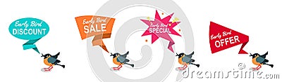 Early bird discounts and sales banners set isolated on white background. Early bird promotions. Vector illustration Vector Illustration
