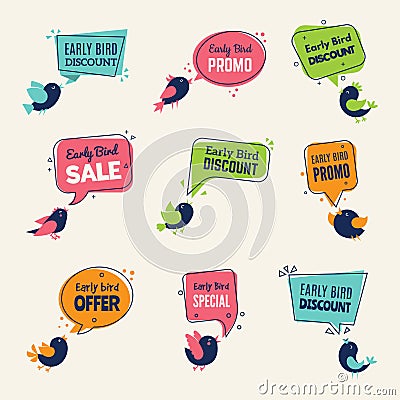 Early bird. Special offers badges discounts labels with birds vector advertising signs collection Vector Illustration