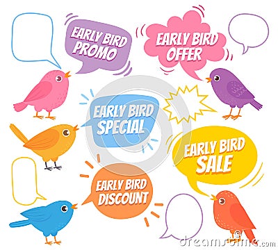 Early birds. Trendy design with bird and speech bubble, special offer sale, promotion market, discount advertising price Vector Illustration