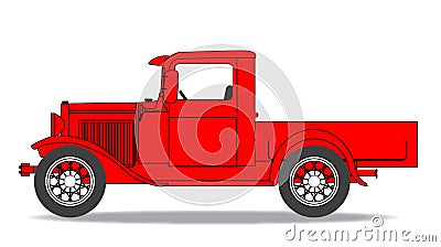 Early Classic Style Red Isolated Pickup Truck Vector Illustration