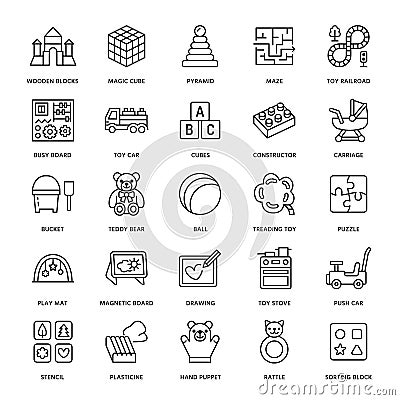 Early development baby toys flat line icons. Play mat, sorting block, busy board, carriage, toy car, kids railroad, maze Vector Illustration