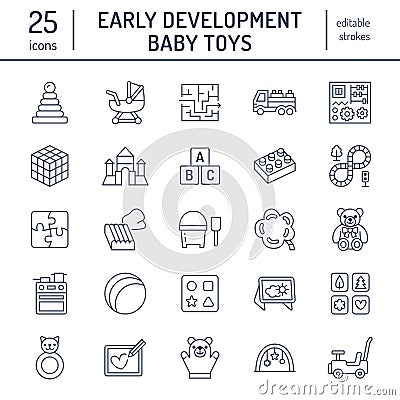 Early development baby toys flat line icons. Play mat, sorting block, busy board, carriage, toy car, kids railroad, maze Vector Illustration