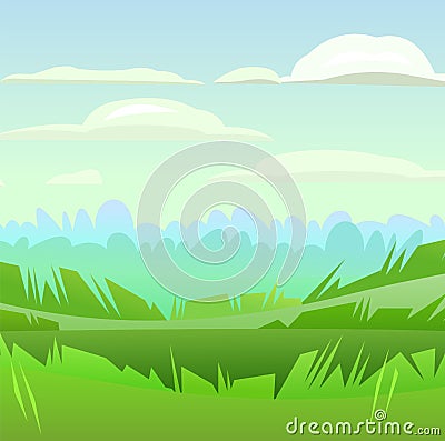 Early foggy morning. Rural landscape. Horizontal village nature illustration. Cute country. Flat style. Vector Vector Illustration