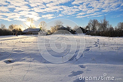 Early frosty morning in small ukrainian village. Winter scenery. Stock Photo