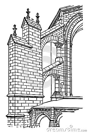 Early Gothic Flying Buttress, arc boutant, vintage engraving Vector Illustration