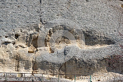 Early medieval rock relief Madara Rider from the period of First Bulgarian Empire, UNESCO World Heritage List, Shumen Region Stock Photo