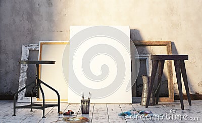 Early morning in artist`s studio, mock up interior Stock Photo