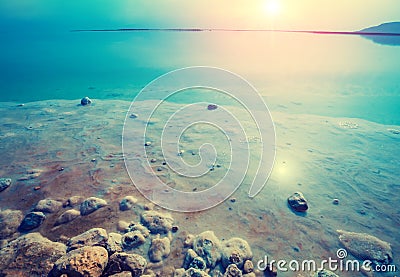 Early in the morning on the beach. Dead Sea. Israel Stock Photo