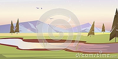 Early morning cartoon scenery landscape, meadows Vector Illustration