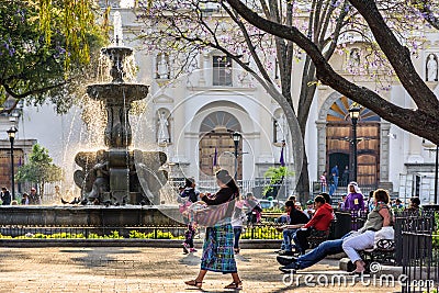 Early morning in central plaza, Antigua, Guatemala Editorial Stock Photo