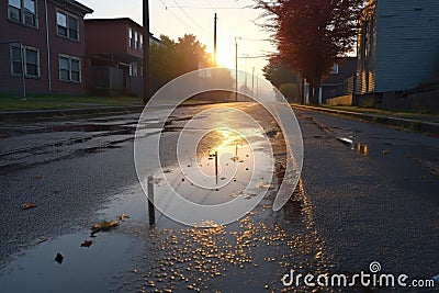 early morning dew on recently swept pavement Stock Photo