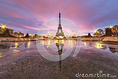 Early morning Eiffel tower reflection on the empty fountain Editorial Stock Photo