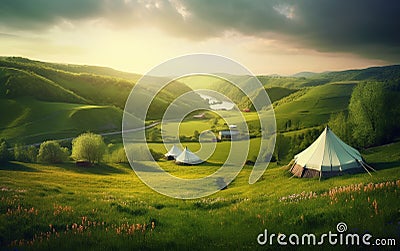 Early Morning or evening spring, beautiful small villages, patchwork tents, green grass, green hills, fireflies, gradient effect p Stock Photo