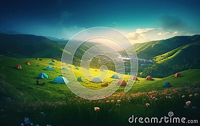 Early Morning or evening spring, beautiful small villages, patchwork tents, green grass, green hills, fireflies, gradient effect p Stock Photo
