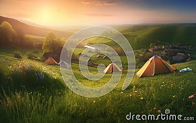 Early Morning or evening spring, beautiful small villages, patchwork tents, green grass, green hills, fireflies, gradient effect p Stock Photo