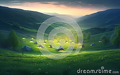 Early Morning or evening spring, beautiful small villages, patchwork tents, green grass, green hills, fireflies, gradient effect p Stock Photo