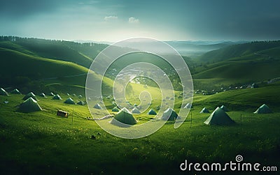 Early Morning or evening spring, beautiful small villages, patchwork tents, green grass, green hills, fireflies, gradient effect p Stock Photo