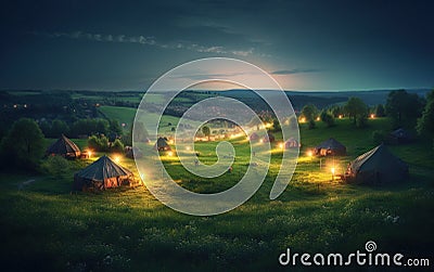 Early Morning or evening spring, beautiful small villages, patchwork tents, green grass, green hills, fireflies, gradient effect p Stock Photo