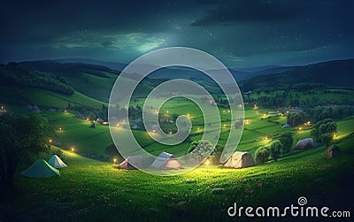 Early Morning or evening spring, beautiful small villages, patchwork tents, green grass, green hills, fireflies, gradient effect p Stock Photo