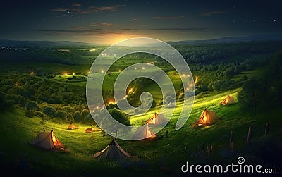 Early Morning or evening spring, beautiful small villages, patchwork tents, green grass, green hills, fireflies, gradient effect p Stock Photo