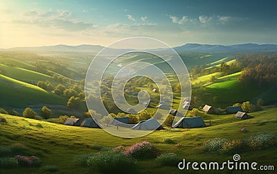 Early Morning or evening spring, beautiful small villages, patchwork tents, green grass, green hills, fireflies, gradient effect p Stock Photo