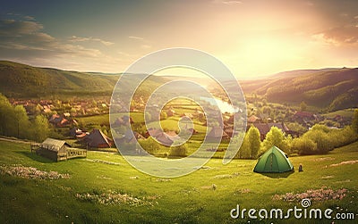 Early Morning or evening spring, beautiful small villages, patchwork tents, green grass, green hills, fireflies, gradient effect p Stock Photo