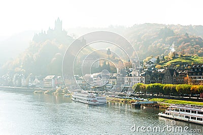 Landscape with town Cochem on river moselle with reichsburg cast Stock Photo