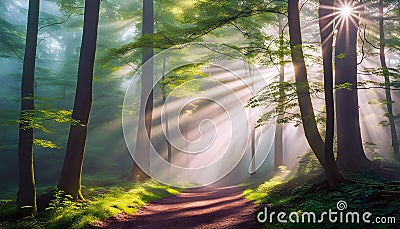 Early morning in a green deciduous forest where you can walk and do sports, the concept of fresh air and healthy environment, Cartoon Illustration