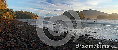 Tofino, Vancouver Island, Landscape Panorama of Early Morning Light at Tofino Inlet Mudflats, British Columbia, Canada Stock Photo