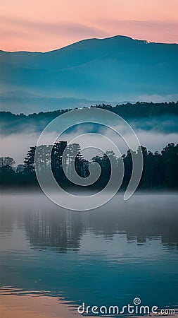 Early morning mist veils the landscape in mystical serenity Stock Photo