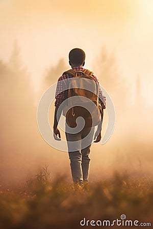 School-aged black child. black teen boy wearing a plaid shirt and backpack. Stock Photo