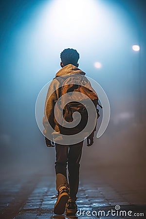 mysterious young black boy student walking alone. child of color. Stock Photo