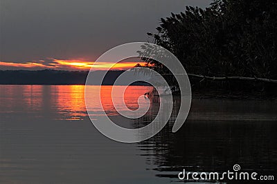 Fallen tree pointing to early morning red sunrise on Rend Lake, Illinois Stock Photo