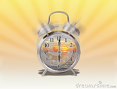 Early Morning Rising Conceptual With Sunrise Inside An Analog Alarm Clock With Sunburst Stock Photo