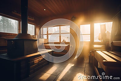 Early Morning Sauna in Snowy Mountain Hostel with Sunlit Windows and Sunrise Stock Photo