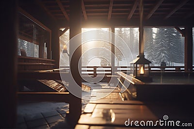 Early Morning Sauna in Snowy Mountain Hostel with Sunlit Windows and Sunrise Stock Photo