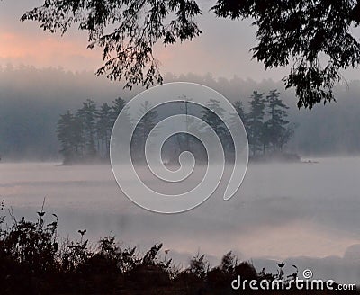 Early Morning Sunrise and Fog on Highland Lake, Bridgton, Maine July 2012 by Eric L. Johnson Photography Stock Photo