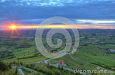 Early morning and sunrise over hill of Piedmont, Italy. Stock Photo