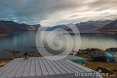 Early morning before sunrise in Pangnirtung fjord, in remote Inuit community of Pangnirtung, Baffin Island, Nunavut Stock Photo