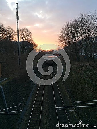 Early morning train tracks Stock Photo