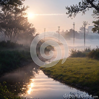 Early morning on the Trinity River with the mist and fog rolling through Dallas Texas made with Generative AI Stock Photo