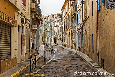 Early morning view at the street in old city of Arles, France Editorial Stock Photo