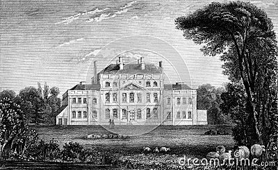 Antique Illustration of Historic English Manor House Stock Photo