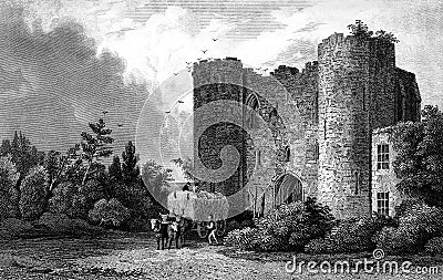 Antique Illustration of Historic English Castle Landscape Stock Photo