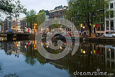 Early September morning on the city channel. Amsterdam Editorial Stock Photo