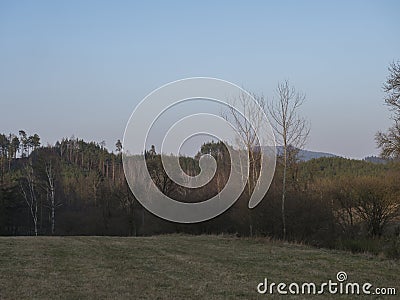 Early spring landscape at Lusatian mountains, with grass meadow, bare trees, deciduous and spruce tree forest, hills Stock Photo
