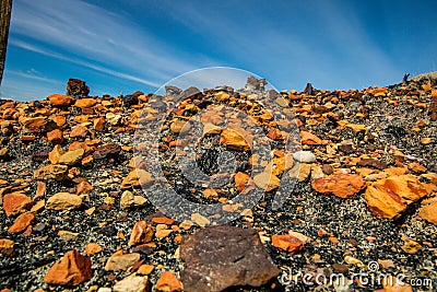 Orange rocks dot the landscape in the badlands. Drumheller Alberta,Canada Stock Photo
