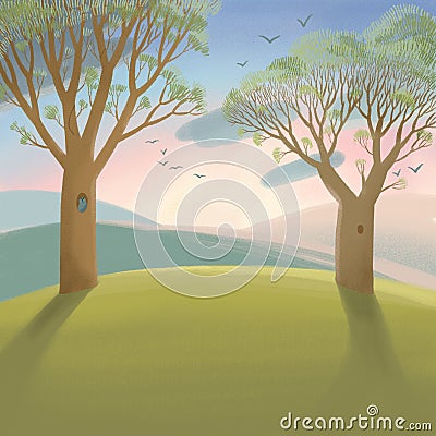 Early spring sunny forest trees and green grass. Stock Photo