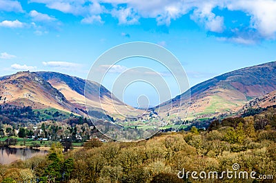 Dunmail Raise from Loughrigg Terrace with Helm Crag, Steel Fell and Seat Sandal English Lake District Stock Photo