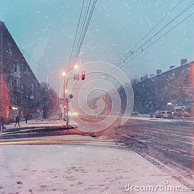 Early winter in a siberian street in the evening Stock Photo
